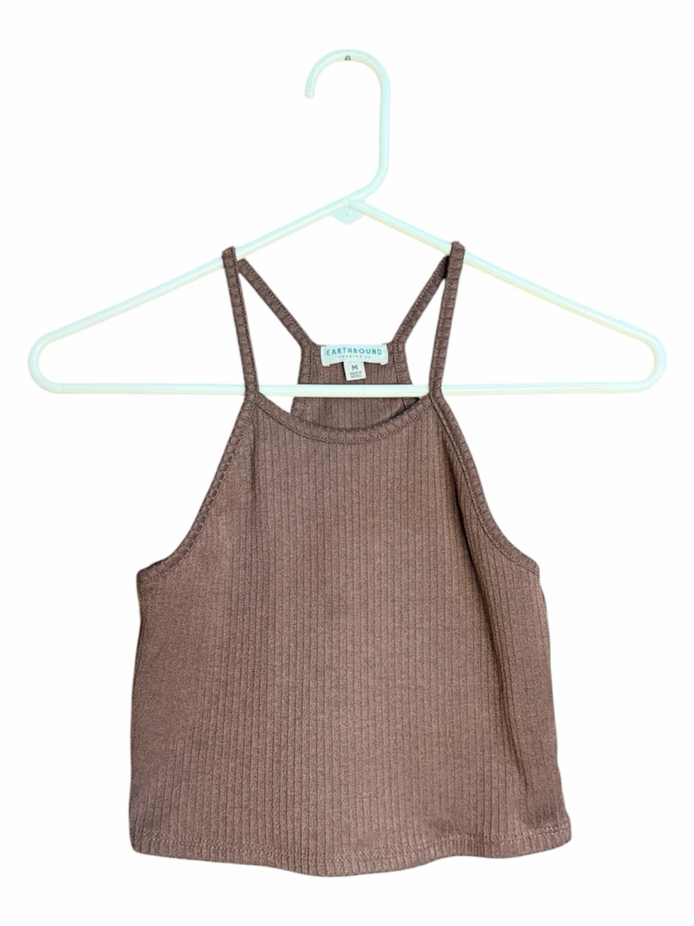 Earthbound Trading Co Brown Ribbed High Neck Halter Tank Top Minimalist M